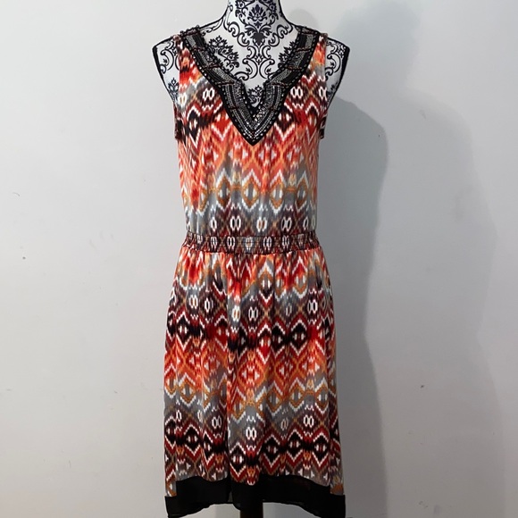 NY Collection Vibrant Orange & Black V-Neck Midi Dress Size Small - Picture 1 of 10